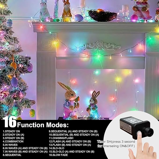 LAMPHOME 33ft Christmas Decorative Mini Lights, 100 LED Easter String Light Decoration, Easter Pastel Lights 11 Lighting Modes for Indoor Outdoor Xmas Tree Wedding Party Decoration (Multicolor)