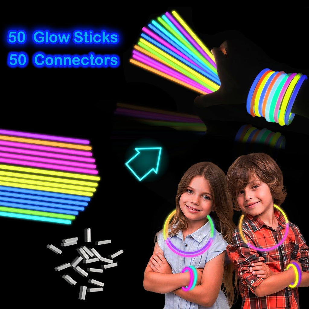 Glow Sticks Party Pack 8"-50, Light up Bracelets & Necklaces Accessories for Kids, 250th Anniversary 4th of July Neon Glow in the Dark Party Favor Supplies Decoration for Camping Wedding Dance Parade