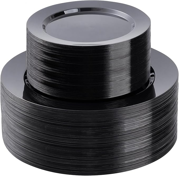 100PCS Black Plastic Plates Set, 50 10.25 inch Dinner Plates and 50 7.5 inch Dessert Plates, Premium Disposable Plates for Party, Wedding,Halloween