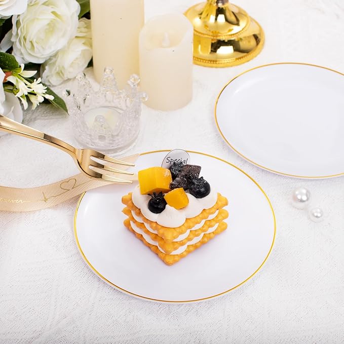 Festiva 200Pcs Gold Dessert Plates 6.3" with Forks 5"- Small Disposable Dessert/Cake/Appetizer Plates Plates- serve 100 guests include 100Plates 100Forks for Wedding Party&Thanksgiving&Christmas