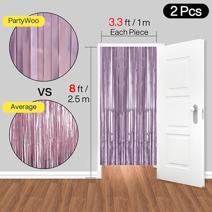 ParyWoo Light Purple Streamers 2pcs Tinsel Backdrop 8.2FT Metallic Lavender Foil Fringe Streamer Curtains Photo Booth Backdrop for Halloween Baby Shower Bachelorette Wedding Party Decorations