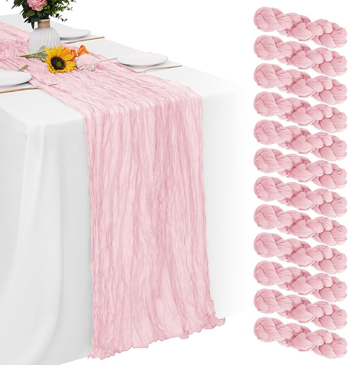 Aktor 12 Pack Pink Table Runner Boho Cheesecloth Table Runner Semi Sheer Gauze Fabric Runners for Wedding Birthday Baby Shower Party Boho Table Decoration（Pink）