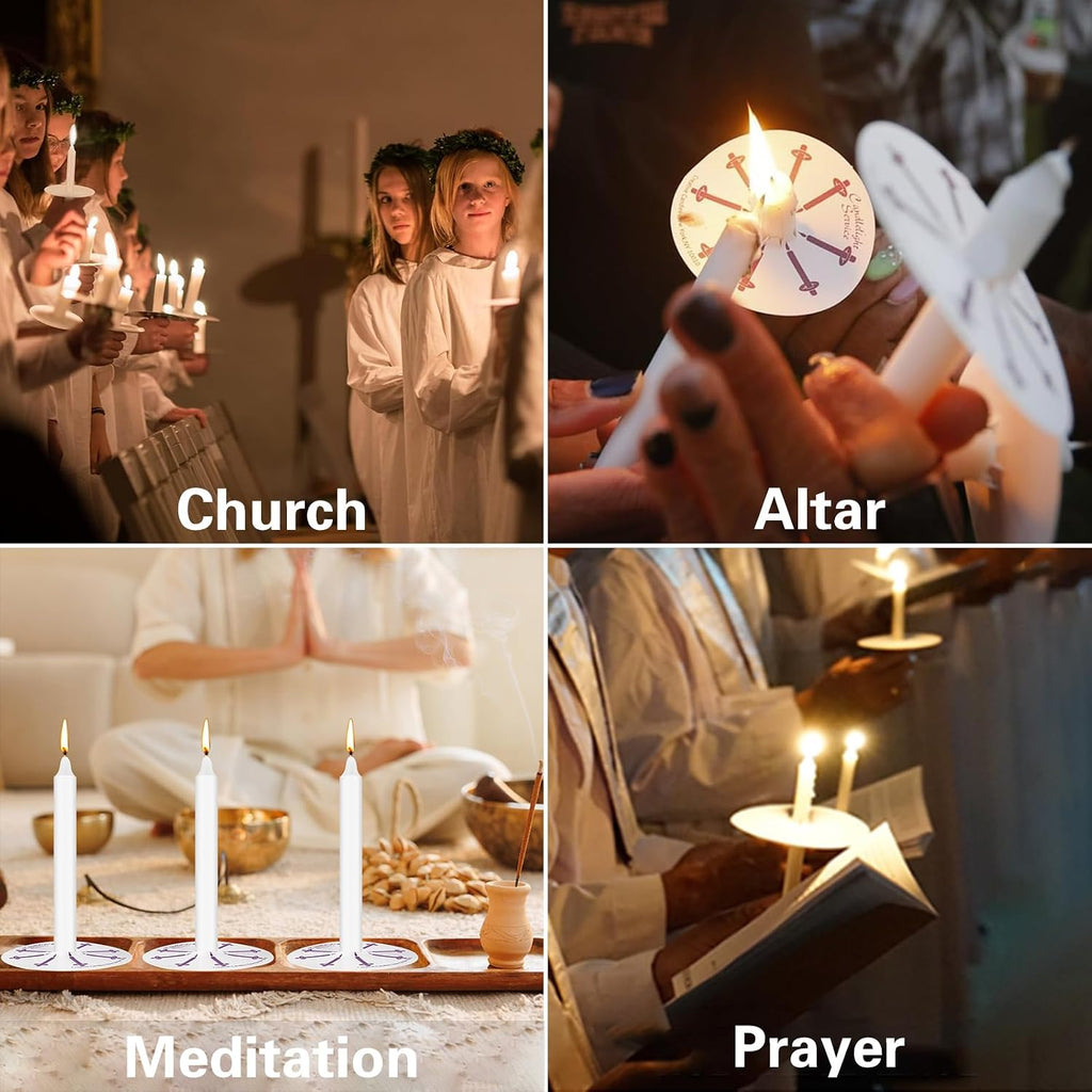 100 Pack 5 Inch White Taper Candles with Drip Protectors, Unscented Bulk Christmas Advent Church Candles for Spell Ritual, Prayer Altar Decor, Wicca Shabbat, Meditation Vigil Candle Holders