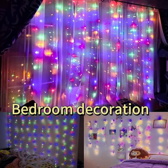 300LED Fairy Curtain Lights, 9.8x9.8Ft Warm White USB Plug in 8 Modes & Timer Christmas String Hanging Lights with Remote for Bedroom Indoor Outdoor Weddings Party Wall Decorations(Multicolor)