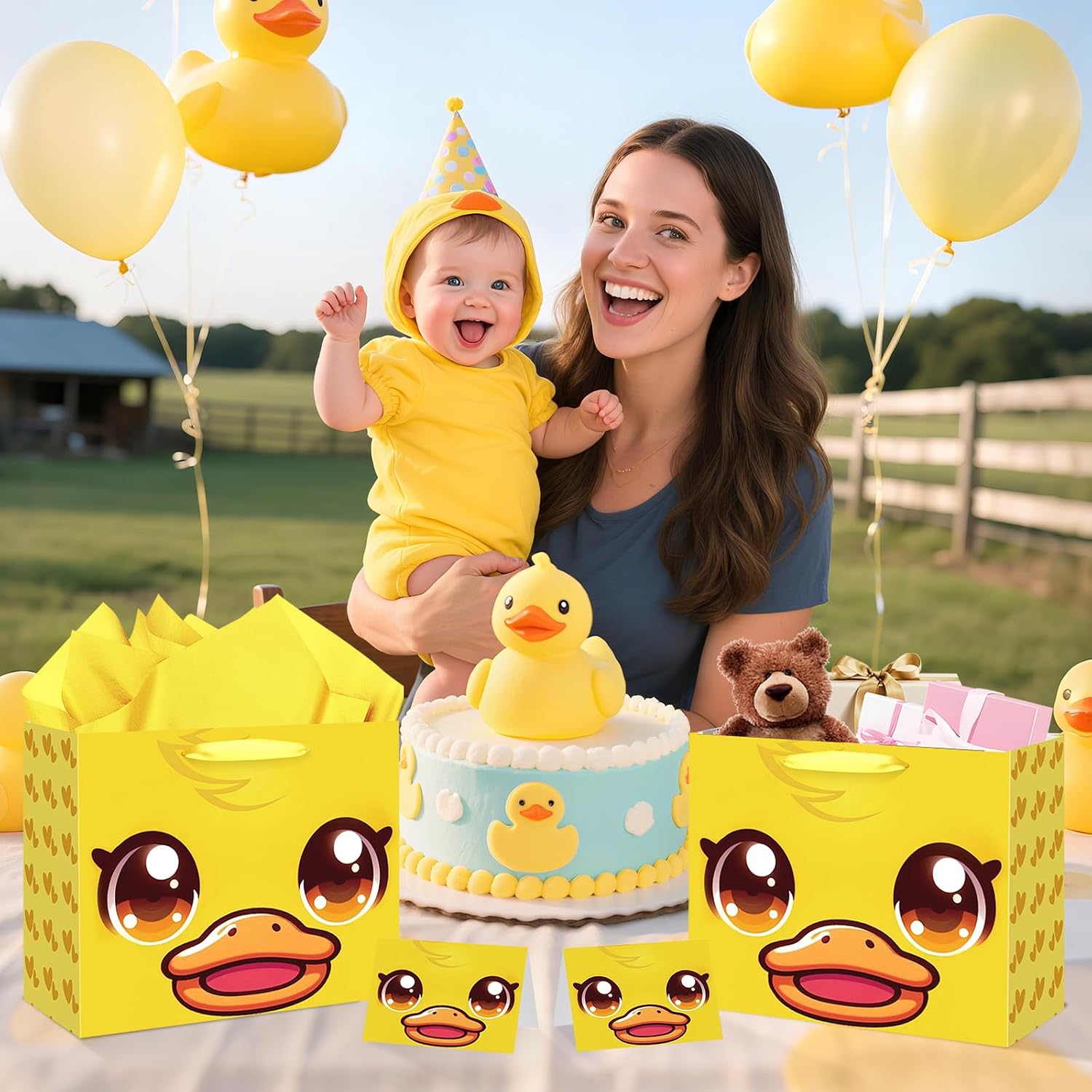 Duck Gift Bag for Kids Boys Girls Baby Shower Duckie Birthday Gift Bag with Wrapping Paper Card Large Farm Animal Gifts Bag for Barnyard Baby Shower Birthday Decorations Party Favors Supplies