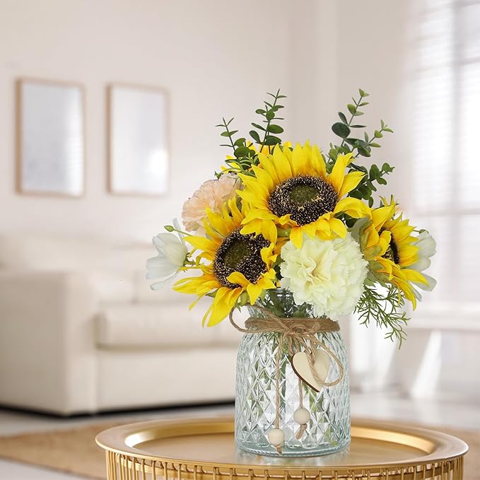Artificial Sunflower Bouquets - Silk Fake Flowers with Vase, Centerpieces for Dining Room and Coffee Table Decor
