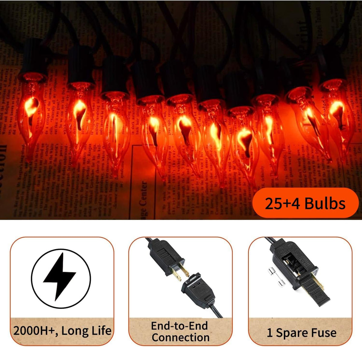 27.8Ft Orange Halloween Lights - Flickering Flame String Lights Orange Flicke...
