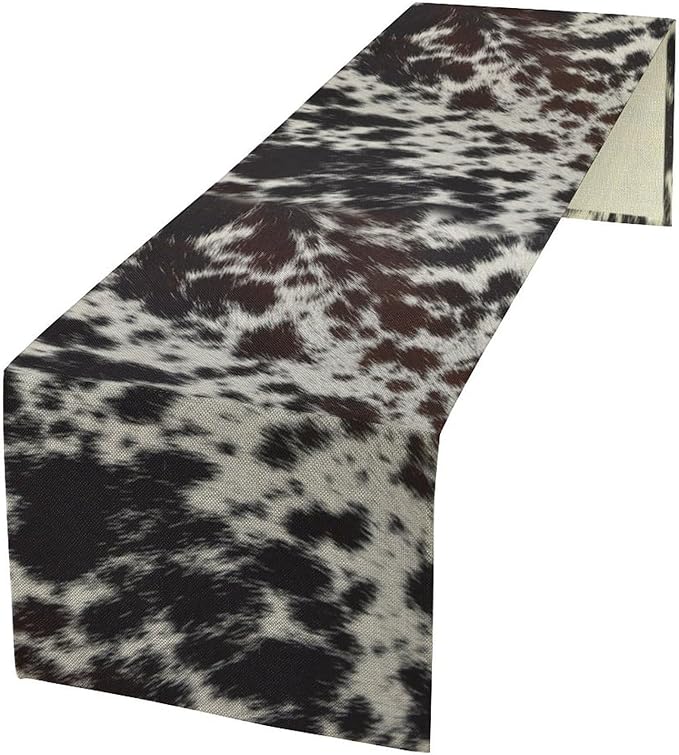Cow Print Table Runner, Country Farm Animal Fur Skin Pattern Western Style Black Brown Cowhide Print Dinner Runner for Home Kitchen Dining Home Setting, 13x70 Inch