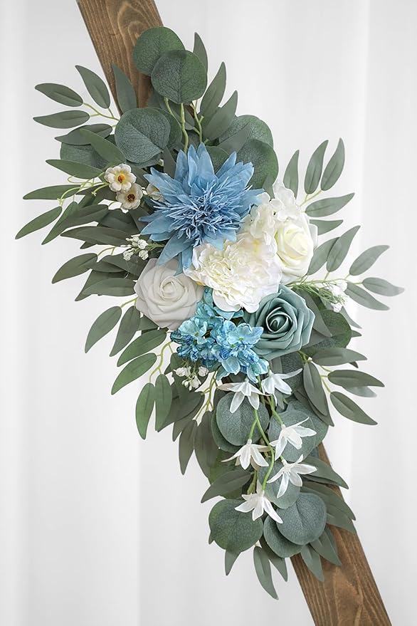 Artificial Flower Swag Set of 2 for Wedding Welcome Signs Floral Decorations, Blue Wedding Arch Flowers for Wedding Ceremony (Blue & Ivory)