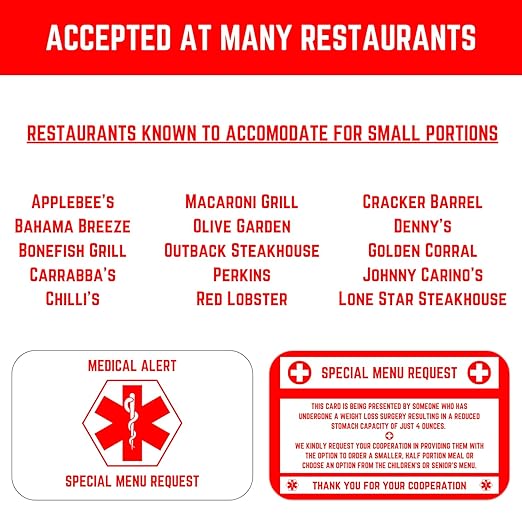 Bariatric Card for Restaurants, Special Menu Request Card, Portion Control Restaurant Request for Bariatric or Gastric Sleeve Patients, Wallet Sized, Set of 2 Cards (2, White, 3.375in x 2.125in)