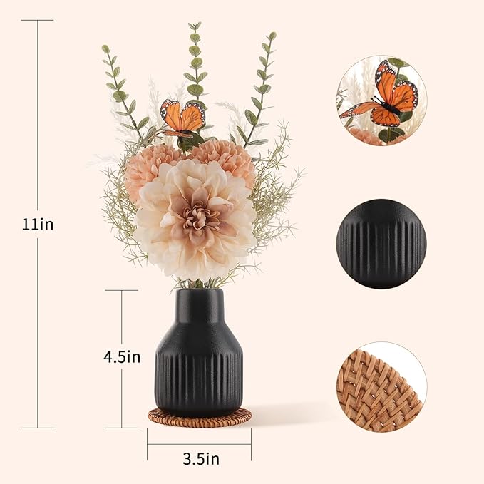 Small Fake Flowers in Vase 14" Centerpiece Table Decorations Silk Flowers Arrangements Ceramic Vase Dahlia Chrysanthemum Artificial Flowers Bouquet for Bathroom Dining Room Kitchen Wedding (Black)