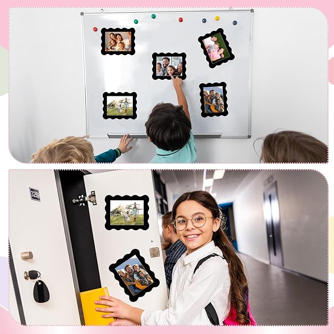 Kingdder 12 Pcs Scalloped Magnetic Picture Frame for Refrigerator 4 x 6 Black Reusable Picture Frame Magnets Decorative Photo Holders for Fridge Home School Office Kitchen Locker Decor