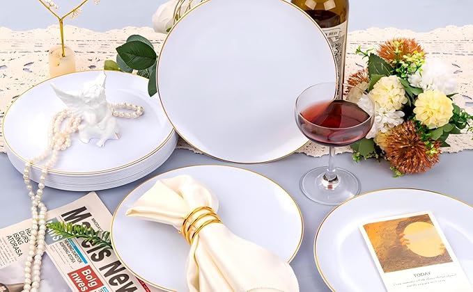 Festiva 50Pcs Gold Plastic Plates - 9 Inch White Plastic Plates with Gold Rim - Disposable Dinner Plates - include 50 salad&pasta Plate Perfect for Party&Wedding&Thanksgiving &Christmas