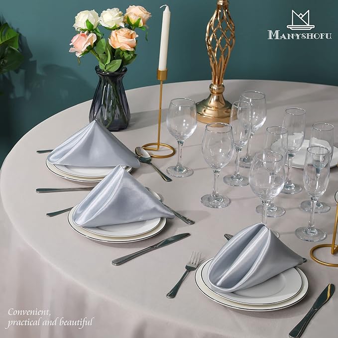 Manyshofu 60 Pieces Silver Satin Napkins - 20x20 Inches Cloth Napkins, Square Satin Fabric Napkins Set - Elegant & Reusable Table Napkins for Wedding Dinner Party Lunch Banquet Restaurant Decoration