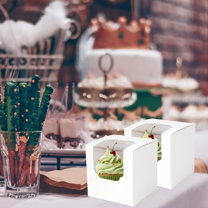JCD 70pcs Cupcake Boxes, 3.5inches Auto-Pop up Single Individual Pre-Assembled White Cake Boxes with Window and Inserts Single Cupcake Containers for Birthdays, Wedding(White/70Pcs)