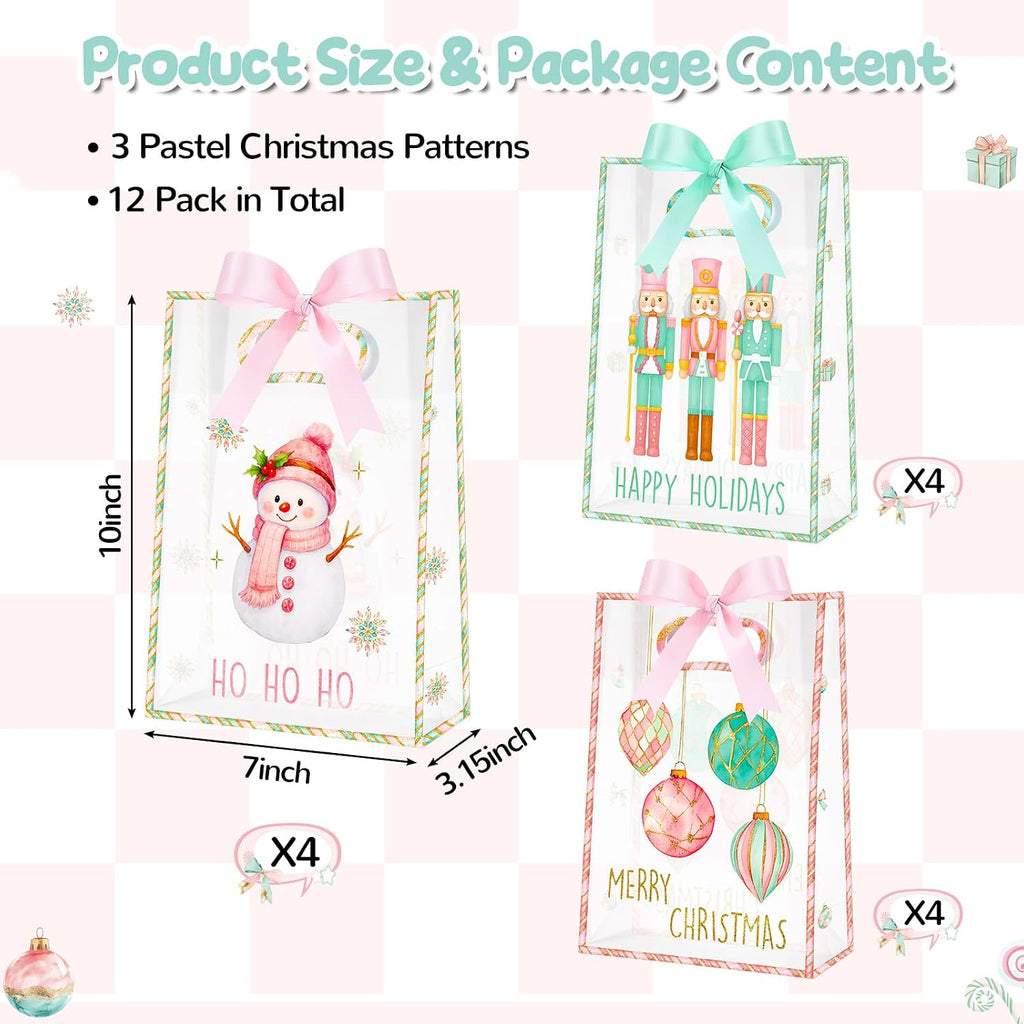 Aliceset 12 Pcs Pink Christmas Clear Gift Bags with Die Cut Handles Nutcracker Christmas Gift Bags with Ribbon 3 Assorted Pastel Styles for Holiday New Year Party Presents Giving Wrapping, 10x7x3.15''