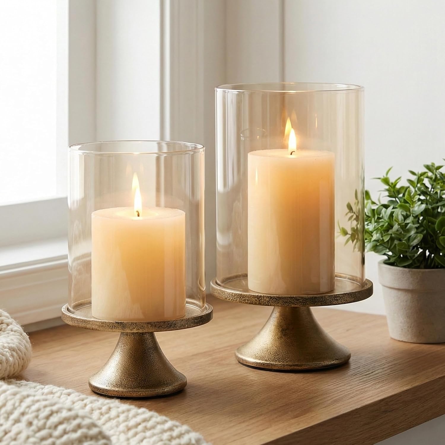 Set of 2 Hurricane Candle Holder Set with Glass Dome & Iron Base – Elegant Decorative Pillar Candle Holders for Living Room, Dining Room & Bedroom Centerpiece - Ideal Home Décor
