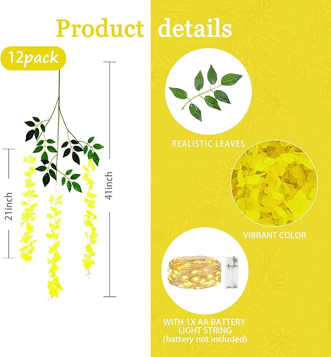12 Pack Yellow Wisteria Hanging Flowers Garland with Lights, 3.44 Feet Artificial Flower Vines, Fake Wisteria, Artificial Vines Hanging Garland for Backdrop Outdoor Patio Garden Decor