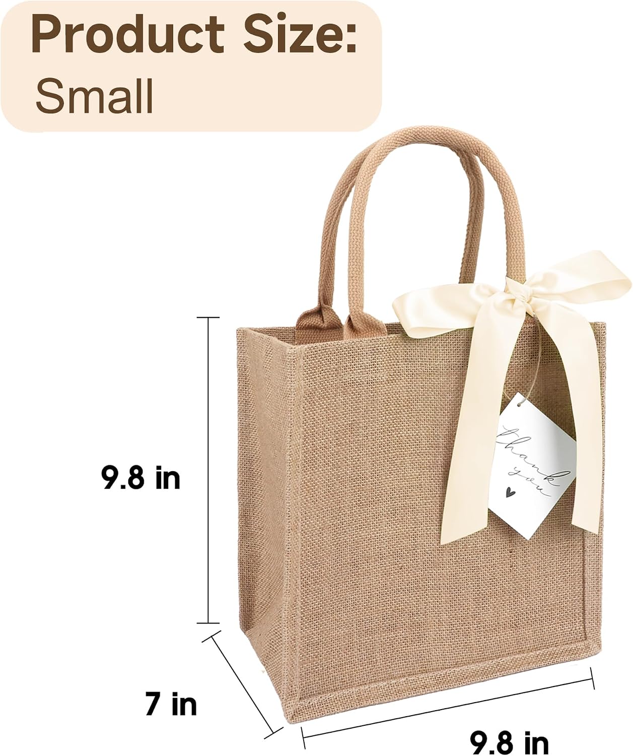 6 Pack Burlap Tote Bags with Handles Reusable Small Jute Gift Bags with Light Beige Silk Ribbons Waterproof Lining for Wedding Bridesmaid Mother's Day Bachelorette Beach Party