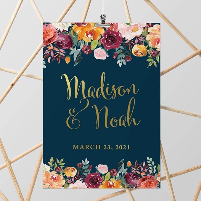 Andaz Press Personalized Extra Large Wedding Easel Board Party Sign, 12x18-inch, Fall Autumn Orange Burgundy Coral Roses on Navy Blue, Bride Groom Names and Date, 1-Pack, Custom