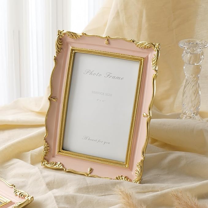 Cuspin 4x6 Vintage Picture Frame Pink and Gold Photo Frame, 4 by 6 Picture Frames Ornate Textured Hand-Crafted Resin with Glass Front for Tabletop Display, Retro Design Home Decor