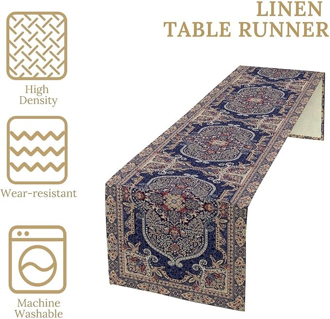 Vintage Boho Floral Table Runner, French Rustic Country Farmhouse Purple Golden Bohemia Flower Pattern for Home Kitchen Table Decor Dining Coffee Room Party Decor 13x36in