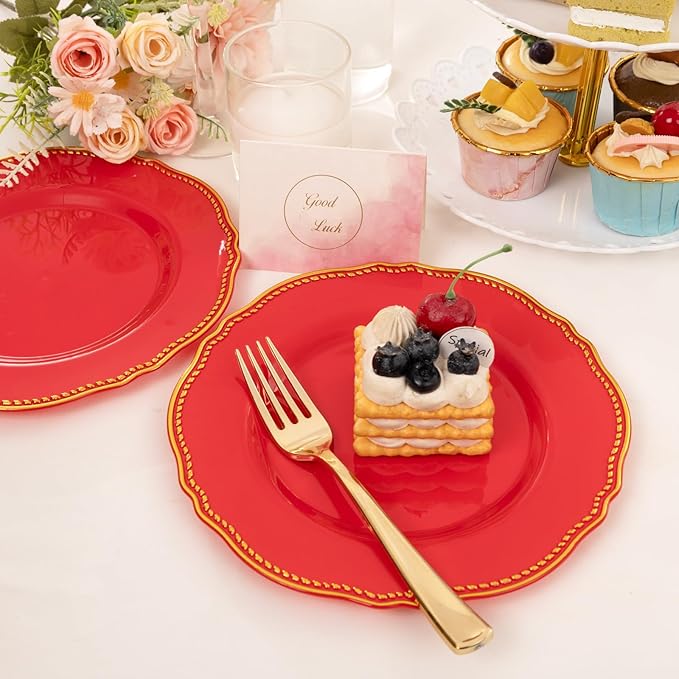 Hioasis 60pcs Red Plastic Plates - Red and Gold Disposable Dinnerware with Gold Rim, Heavy-duty, 7.5 inch, Dessert Plates for Party & Wedding