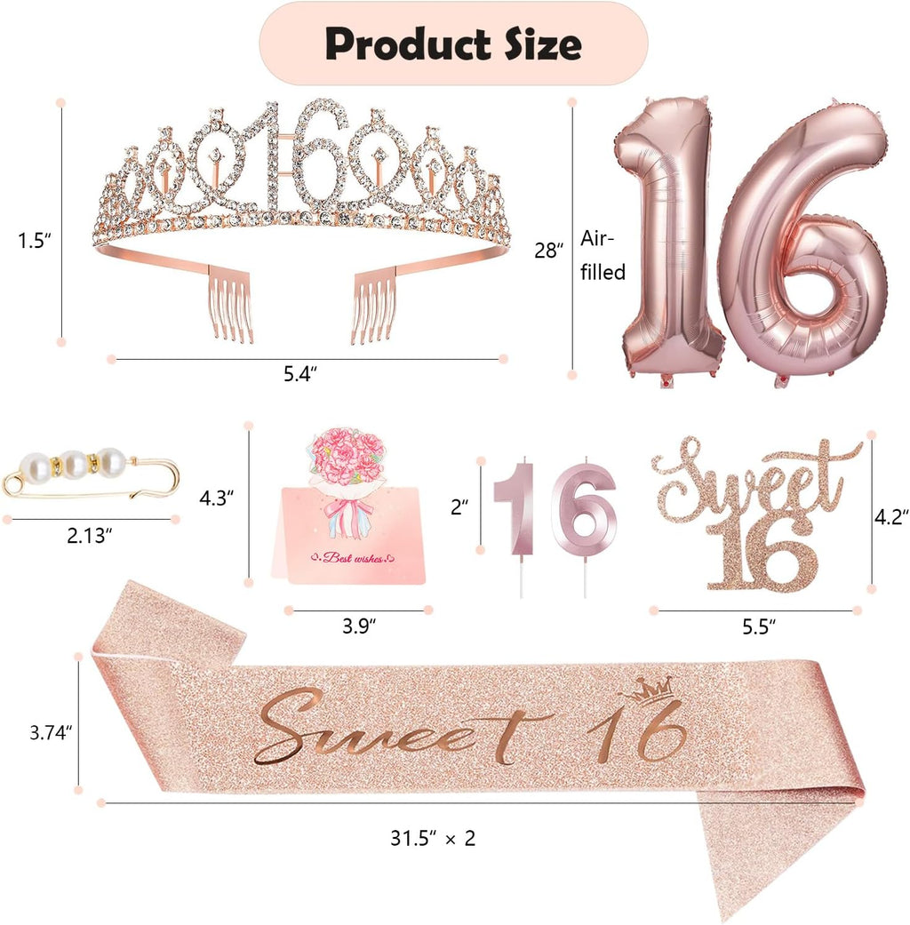 Sweet 16 Birthday Party Decorations for Girls, Sweet 16 Sash and Tiara, Cake Toppers, Number Candles and Balloons, 16th Birthday Gifts for Girls