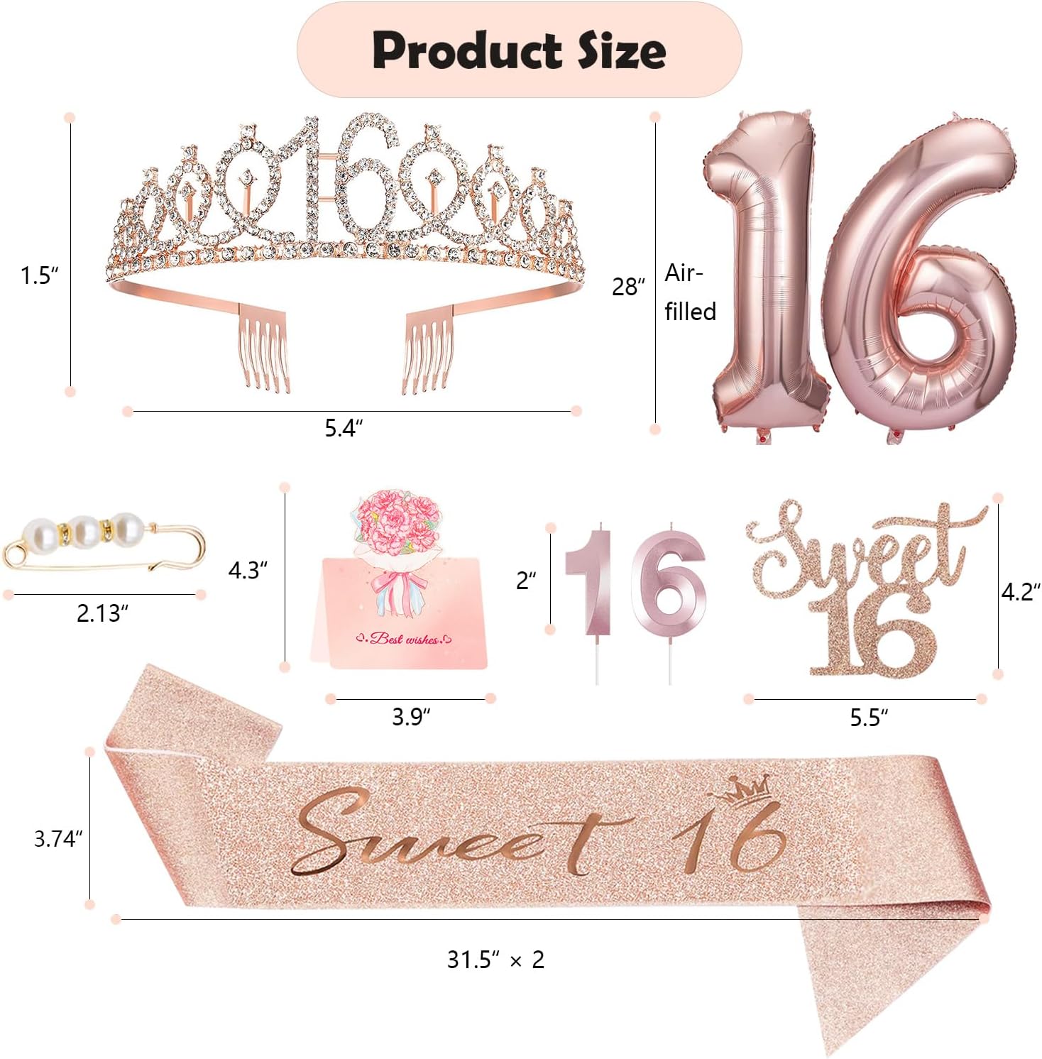 Sweet 16 Birthday Party Decorations for Girls, Sweet 16 Sash and Tiara, Cake Toppers, Number Candles and Balloons, 16th Birthday Gifts for Girls