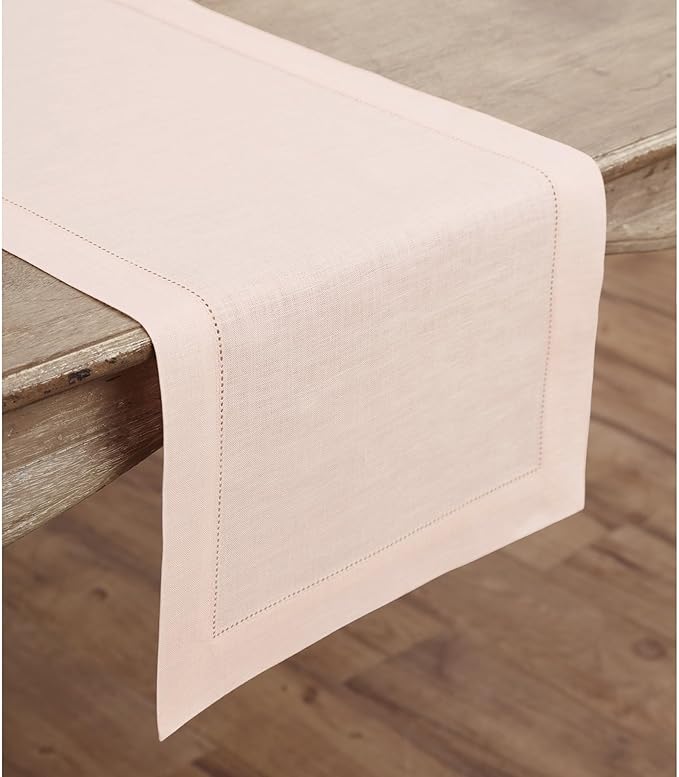 Solino Home Linen Pink Table Runner 108 Inches Long - 100% Pure Linen 14 x 108 Inch Table Runner for Halloween - Classic Hemstitch