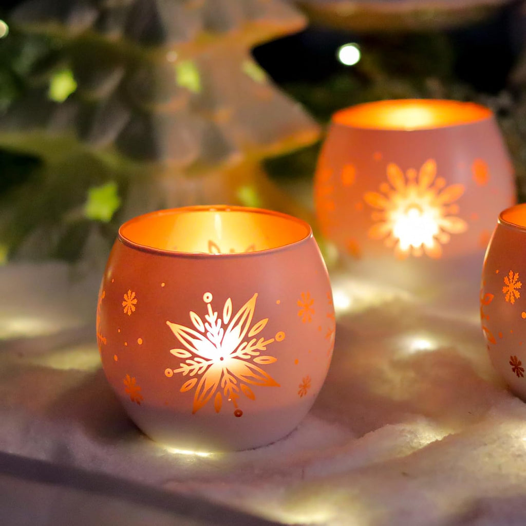 Snowflake Christmas Candle Holders Set of 4, Gold & White Glass Tealight Votive Holders for Winter Decor, Xmas Table Centerpieces, Indoor Christmas Decorations, Ideal