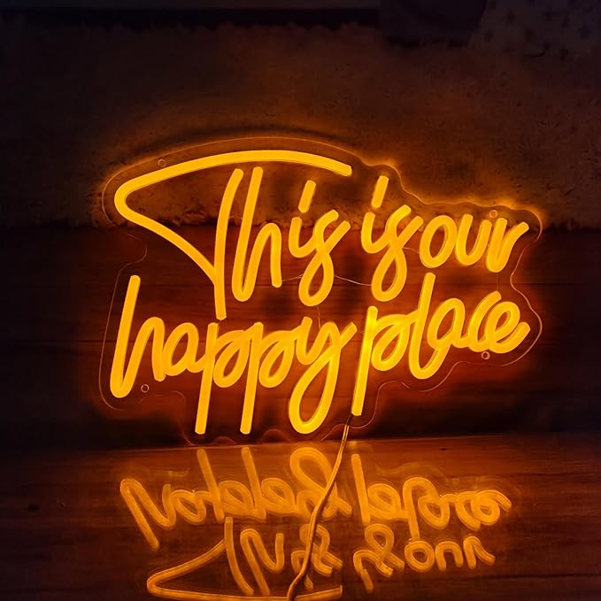 This is Our Happy Place Neon Signs for Wall Decor, My Happy Place LED Light Sign This is Our Place We Make The Rules Decor for Bedroom Man Cave Home Bar Birthday Party, 14.3" x 10"