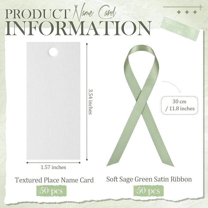 50 Pcs Name Place Cards for Table Setting Blank Wedding Place Cards with Satin Ribbon 1.57 x 3.54 Inch Hanging Gift Tags for Wedding Dinner Banquet Party Table Setting Supplies(Sage Green)