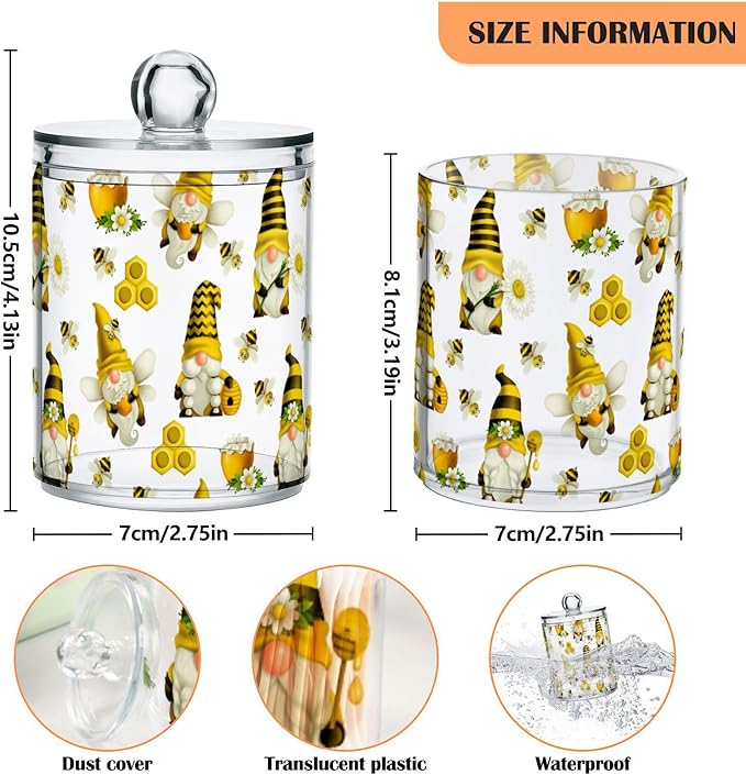 Qtip Holder Dispenser 4 Pack Gnome Bees Flying Dwarf Daisy Apothecary Jars with Lids Bathroom Vanity Countertop Canister Storage Organizer for Cotton Ball,Swabs,Pads,Floss
