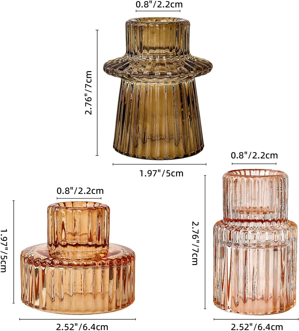 Brown Candlestick Holders 6PCS for Tealight Candle Stick Candles, Ribbed Glass Taper Candle Holders Set, Table Centerpieces for Thanksgiving Christmas Farmhouse Decor Indoor and Outdoor