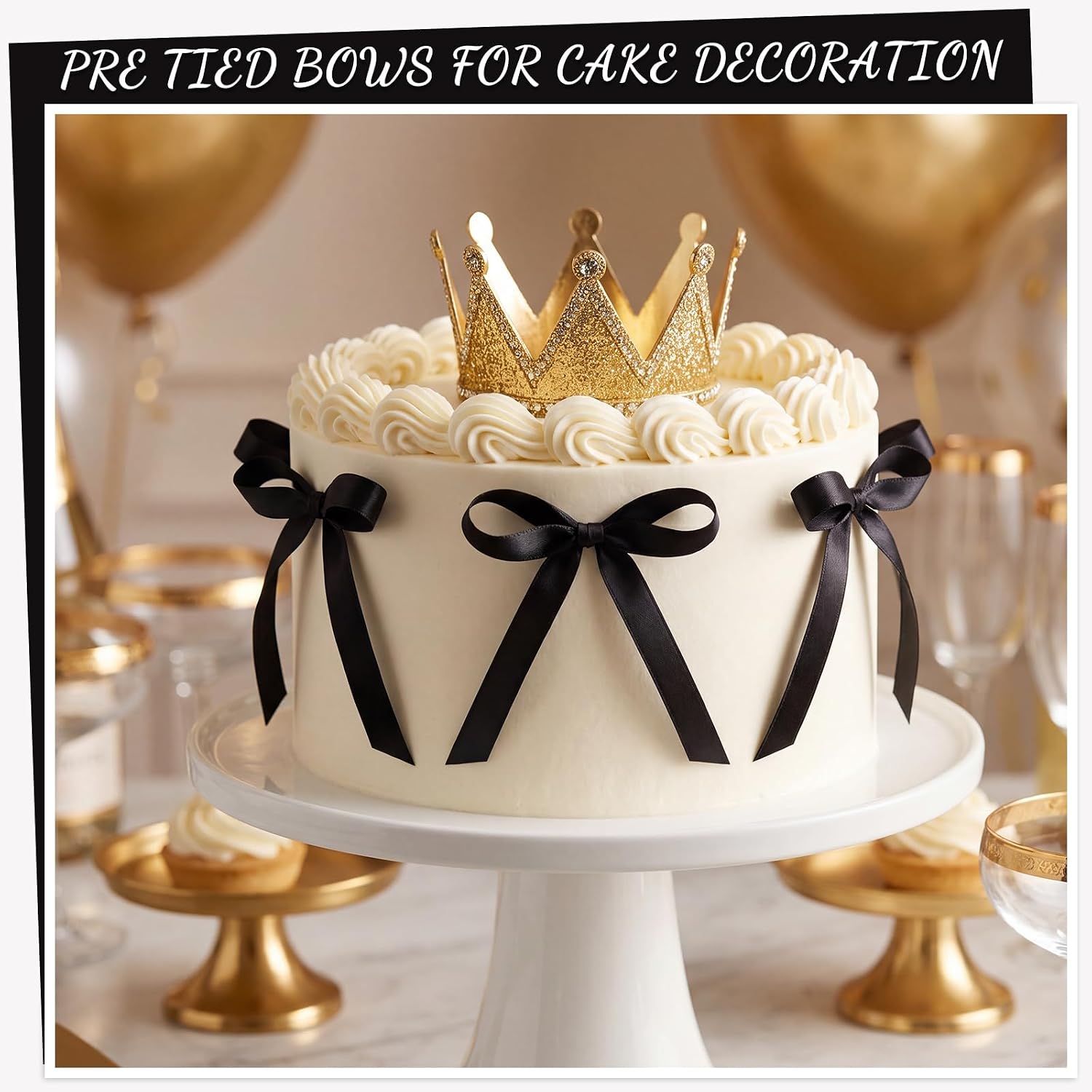 30PCS Black Ribbon Bows for Cakes Pre-Tied Bow Cake Toppers | Ready to Use Cake Bows for Birthday, Wedding, Baby Shower Bachelorette Party and Dessert Display Decorations