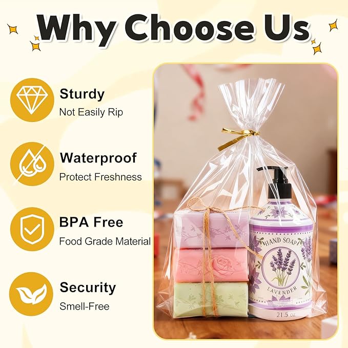 PigPotParty 10"x 14", 50Pcs Bottom Gusset Bags, Clear Plastic Gift Cellophane Mug Treat Goodie Bags with 50x Twist Ties, Large Party Favor Packaging, Toy Wrapping (No Side Gusset)