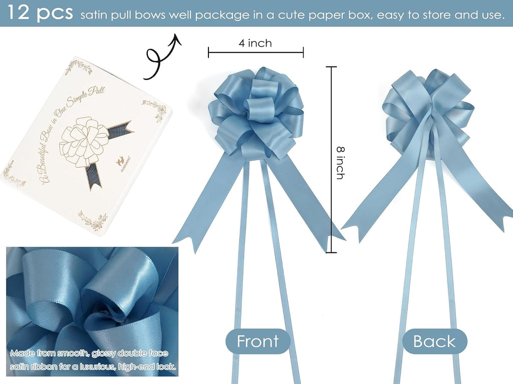 HUIHUANG Dusty Blue Pull Bows 4"x8" Blue Satin Gift Bow for Gift Wrapping, Presents, Gift Basket, Paper Bag, Baby Shower Favors, Wrapping Accessories, Wedding Bridal Shower Decor, 12 PCS