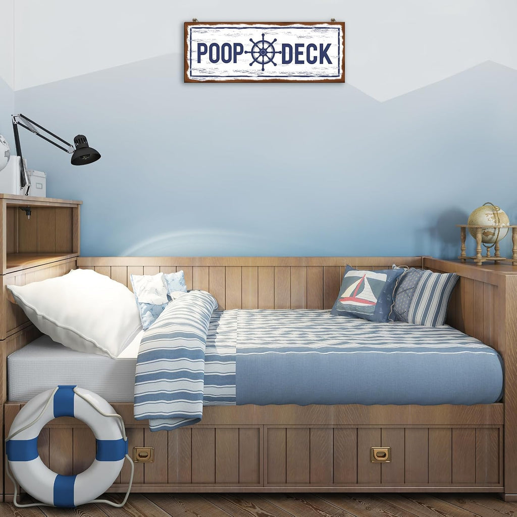 Jetec POOP DECK Sign Nautical Nursery Wall Decor Rustic Beach Bathroom Wood Sign Nautical Boat Decor Ocean Coastal Theme Decorations for Home Hanging for Ocean Bathroom 15.7 x 5.9 Inch(White)