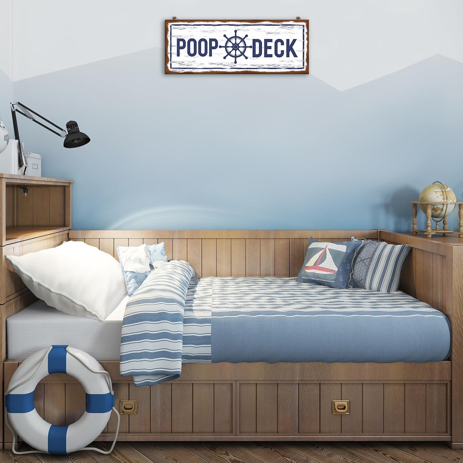 Jetec POOP DECK Sign Nautical Nursery Wall Decor Rustic Beach Bathroom Wood Sign Nautical Boat Decor Ocean Coastal Theme Decorations for Home Hanging for Ocean Bathroom 15.7 x 5.9 Inch(White)