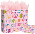 Yusenguan 13" Pink Happy Birthday Gift Bag, Colorful Lettering Design with Card, Tissue Paper and Sturdy Handles for Kids & Adults Birthday Parties