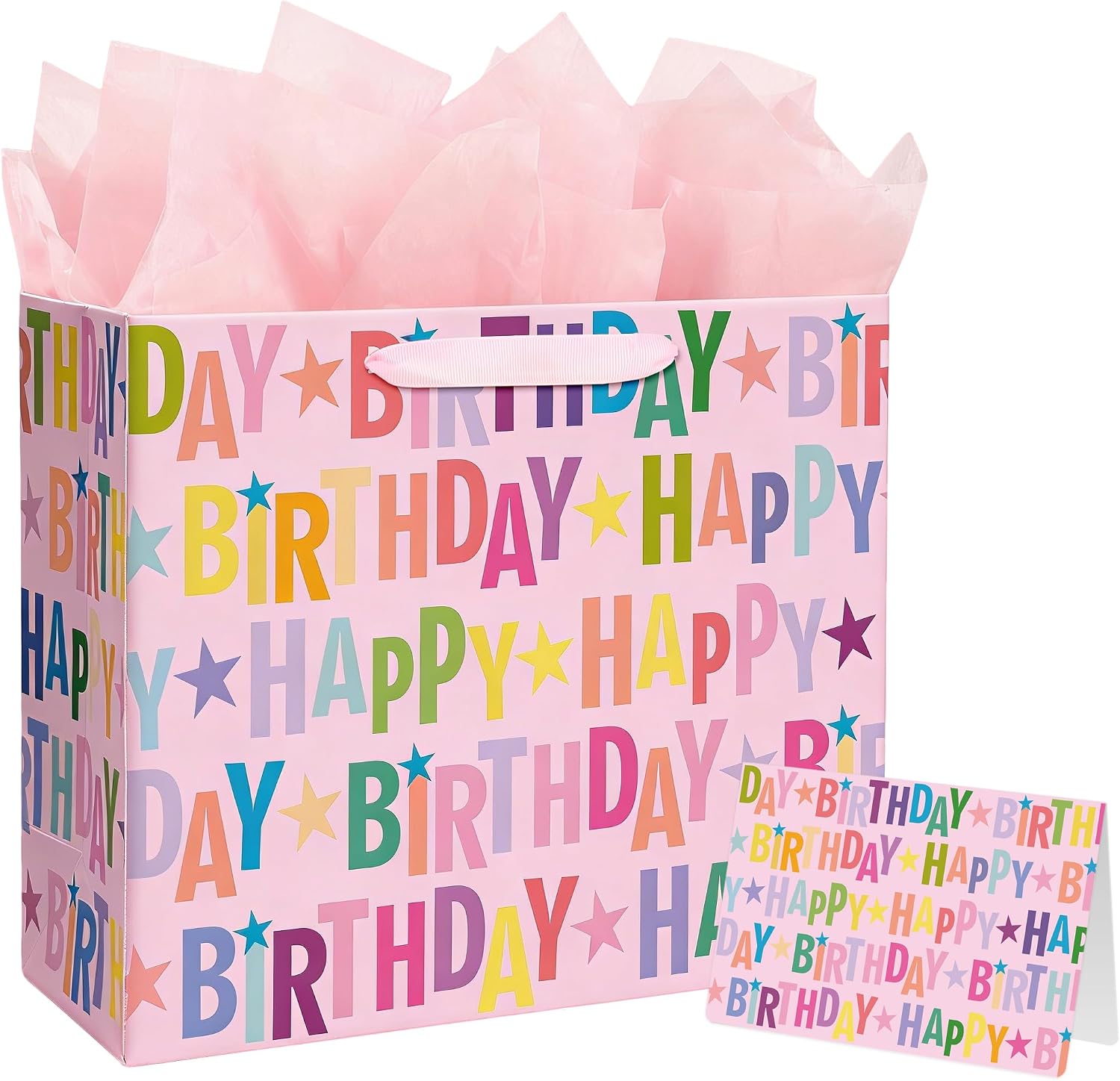 Yusenguan 13" Pink Happy Birthday Gift Bag, Colorful Lettering Design with Card, Tissue Paper and Sturdy Handles for Kids & Adults Birthday Parties