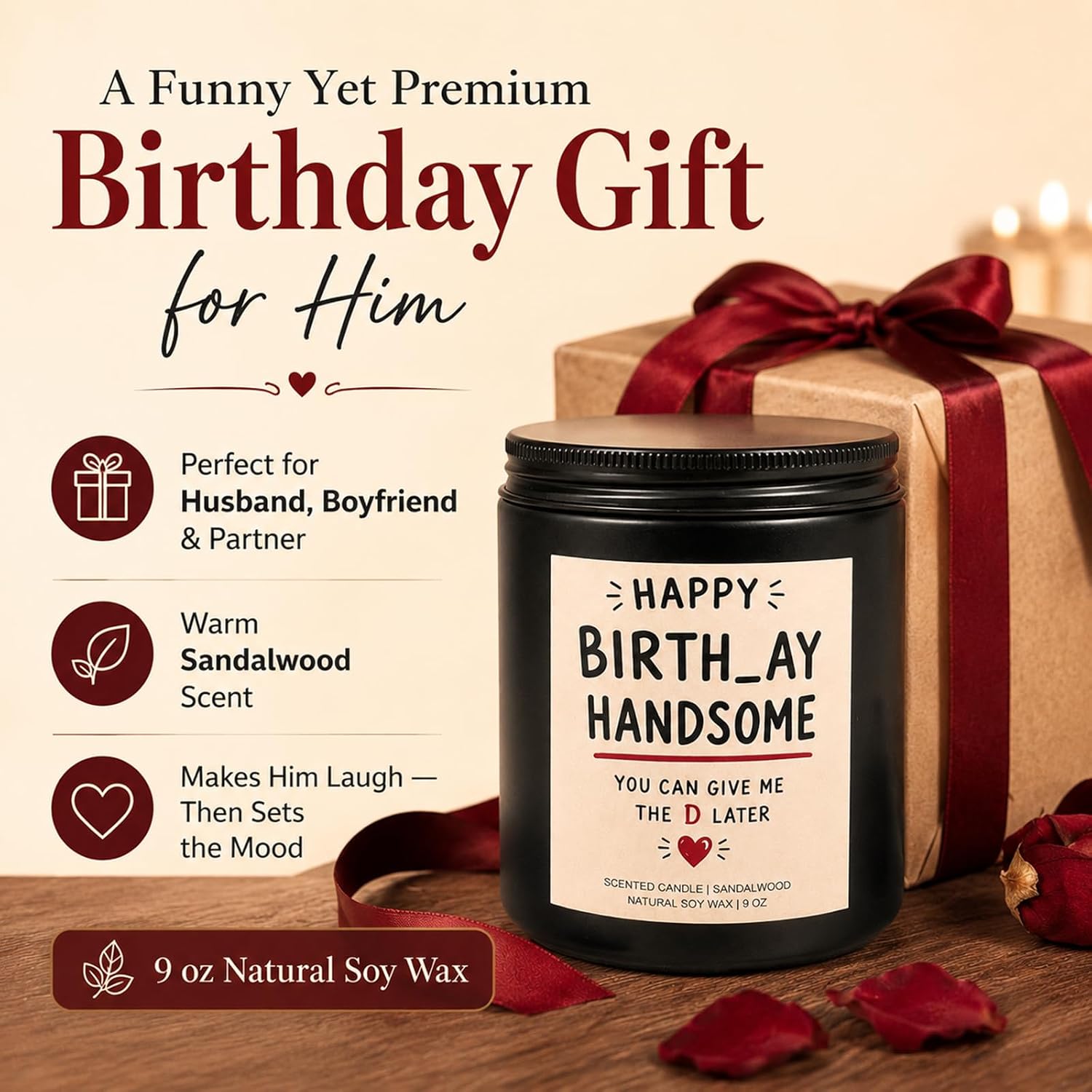 Funny Birthday Gifts for Husband, Boyfriend, Sandalwood Amber Soy Wax Candle for Him, Cheeky Birthday Gift for Men, 9 oz Black Jar Candle
