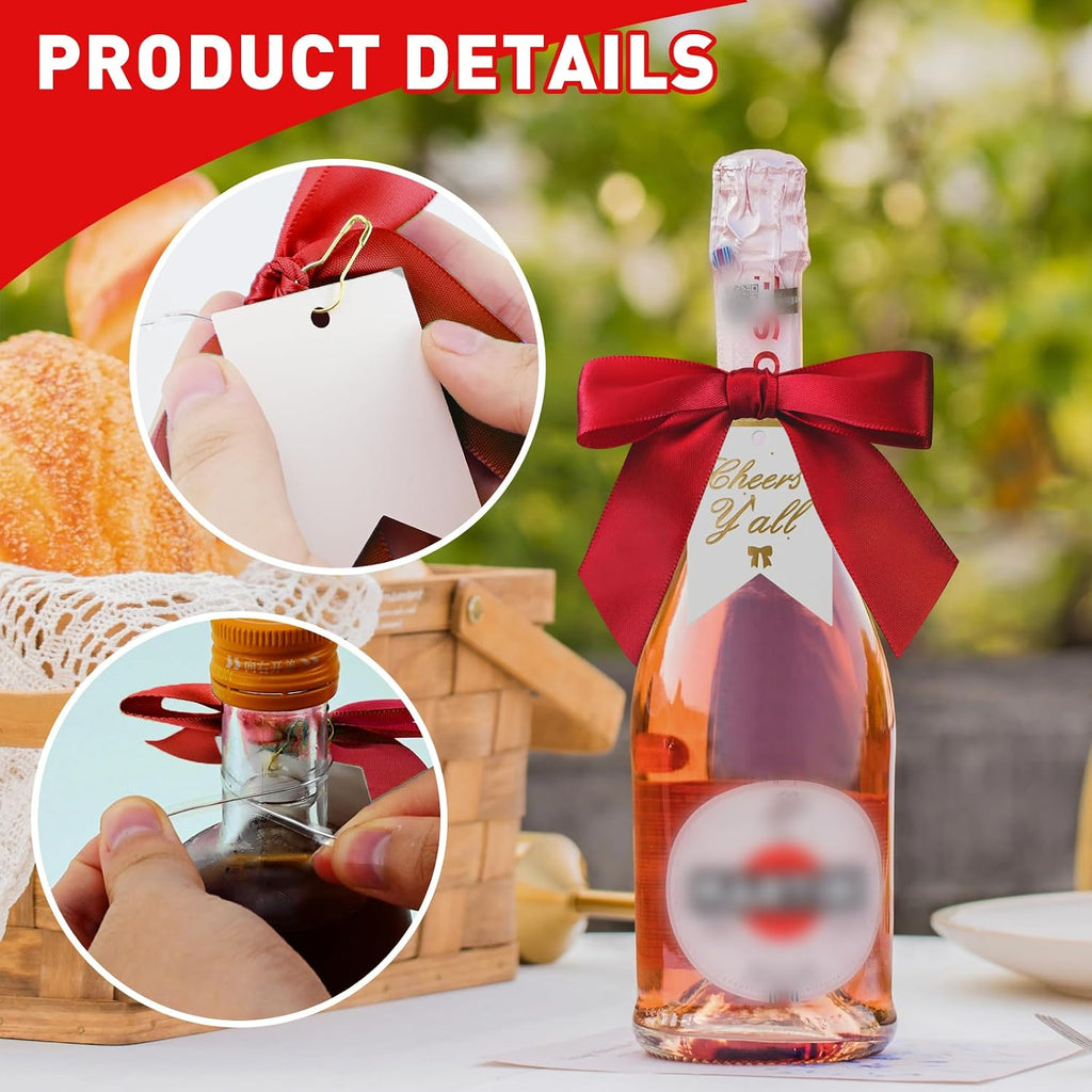 Wine Bottle Decorations Kit 50 Pcs Red Satin Ribbon Bows | Twist Tie Bows Champagne Bottle Wraps 50 "Cheers y'all" Tags and 50 Pins for Birthday Wedding Party & Holiday Decor Supplies