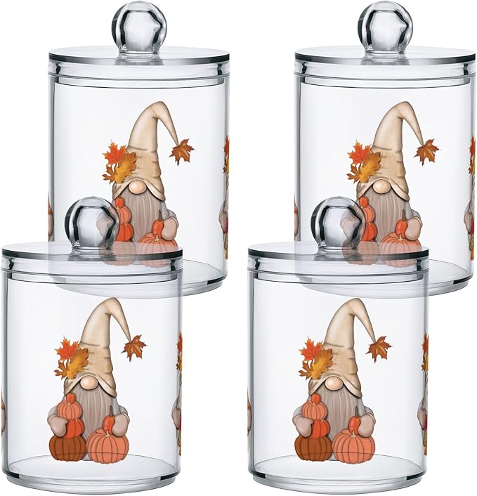 Gredecor 2 Pack Apothecary Jars with Lid Fall Gnome Maple Pumpkins Qtip Holder Dispenser Storage Containers Clear Plastic Cute Fall Autumn Thanksgiving Theme Canisters for Bathroom Vanity Organization