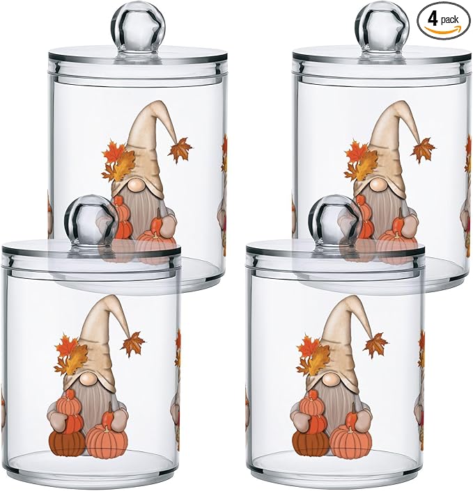 Gredecor 4 Pack Apothecary Jars with Lid Fall Gnome Maple Pumpkins Qtip Holder Dispenser Storage Containers Clear Plastic Cute Fall Autumn Thanksgiving Theme Canisters for Bathroom Vanity Organization