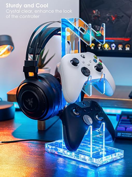 OAPRIRE Headset and Controller Stand with Lights, 3 Tier Acrylic Game Controller Holder, Controller and Headset Stand for Desktop,Universal Design Compatible with PS5/PS4/XBOX/SWITCH (Clear)