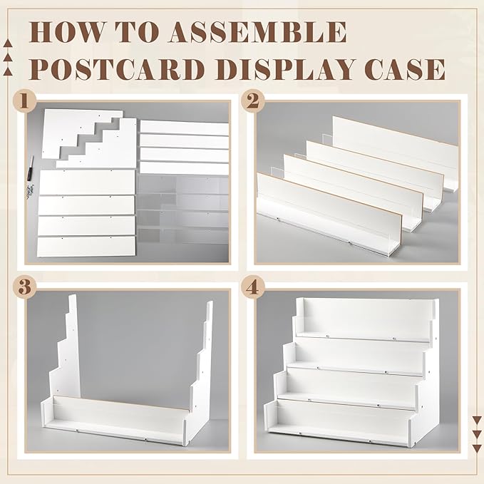 4 Tier Greeting Card Display Stand White Bamboo and Acrylic Sticker Display Stand Trading Card Holder Retail Photos Shelf for Vendors Craft Collection & Show