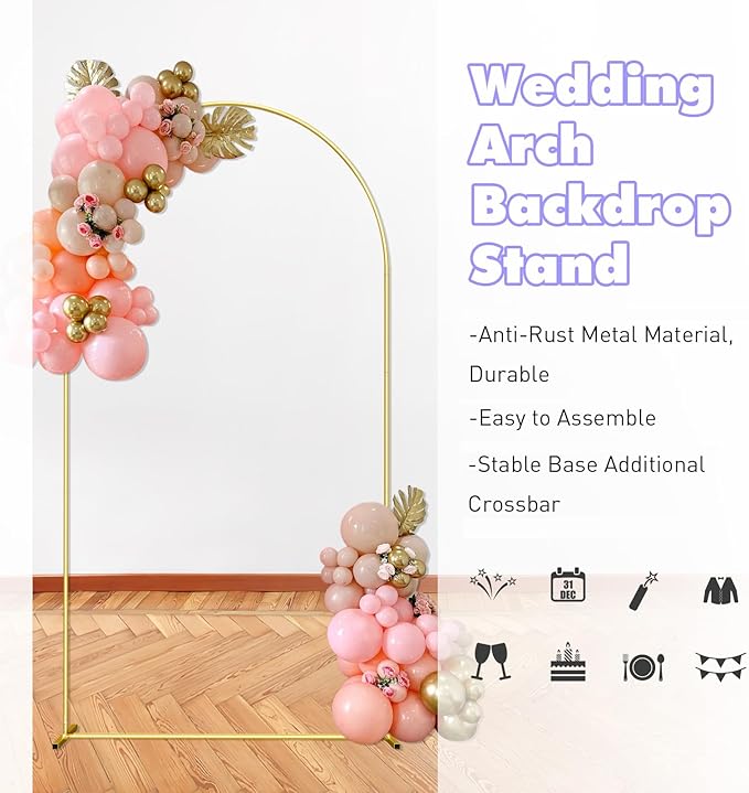 6FT Wedding Arch Backdrop Stand and Beige Arch Cover, Beige Spandex Fitted Backdrop Cover and Gold Wedding Arch Frame for Birthday Party Wedding Ceremony Bridal Baby Shower, Parties Decoration.