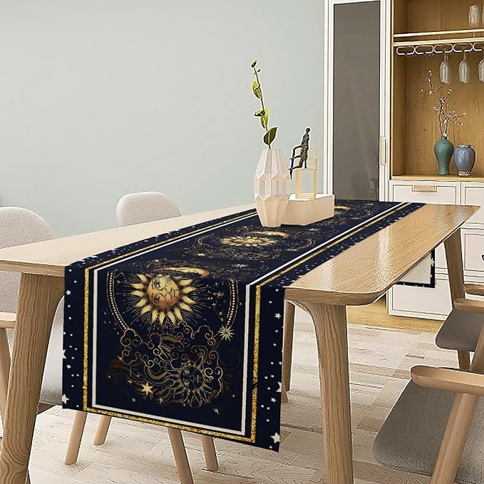 Sun Moon Table Runner, Seasonal Golden Sun Moon Holiday Kitchen Dining Table Runner for Kitchen Living Room Home Party Decor 13x70 Inch